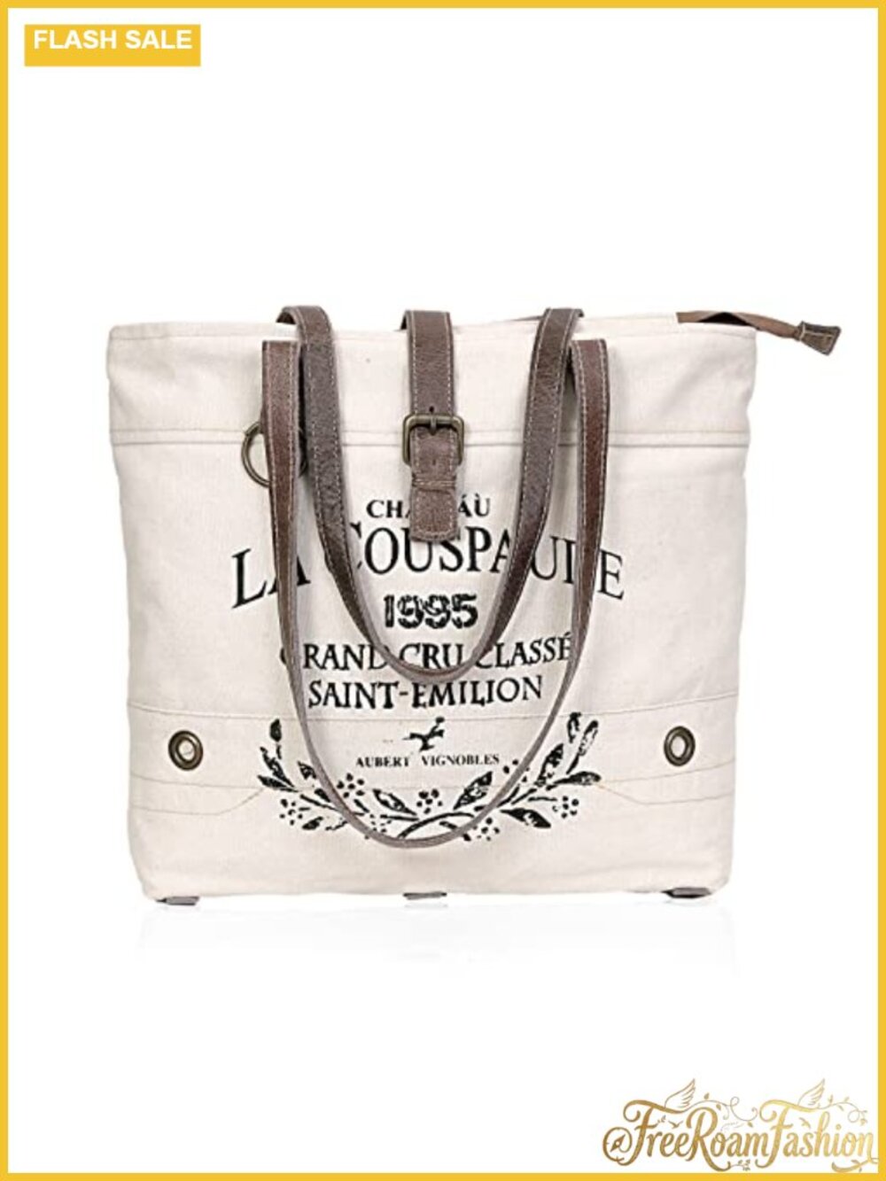 Upcycled Canvas Leather Tote Bag Shoulder Handbag Zipper Cotton Lined
